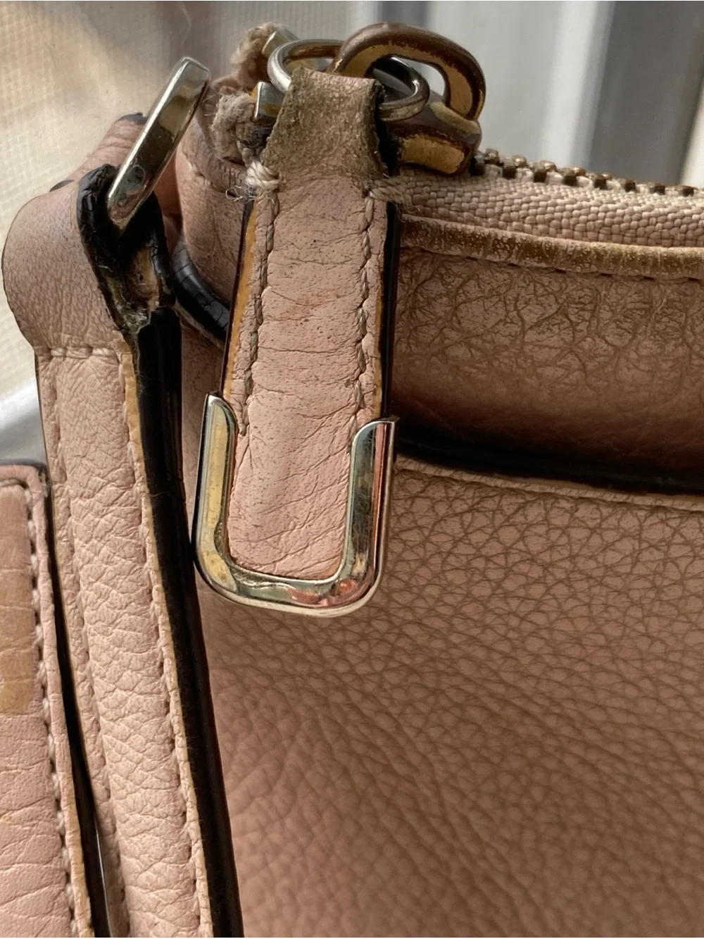 Coach Madison East West Pebbled Leather Crossbody Purse in Blush Pink dirty